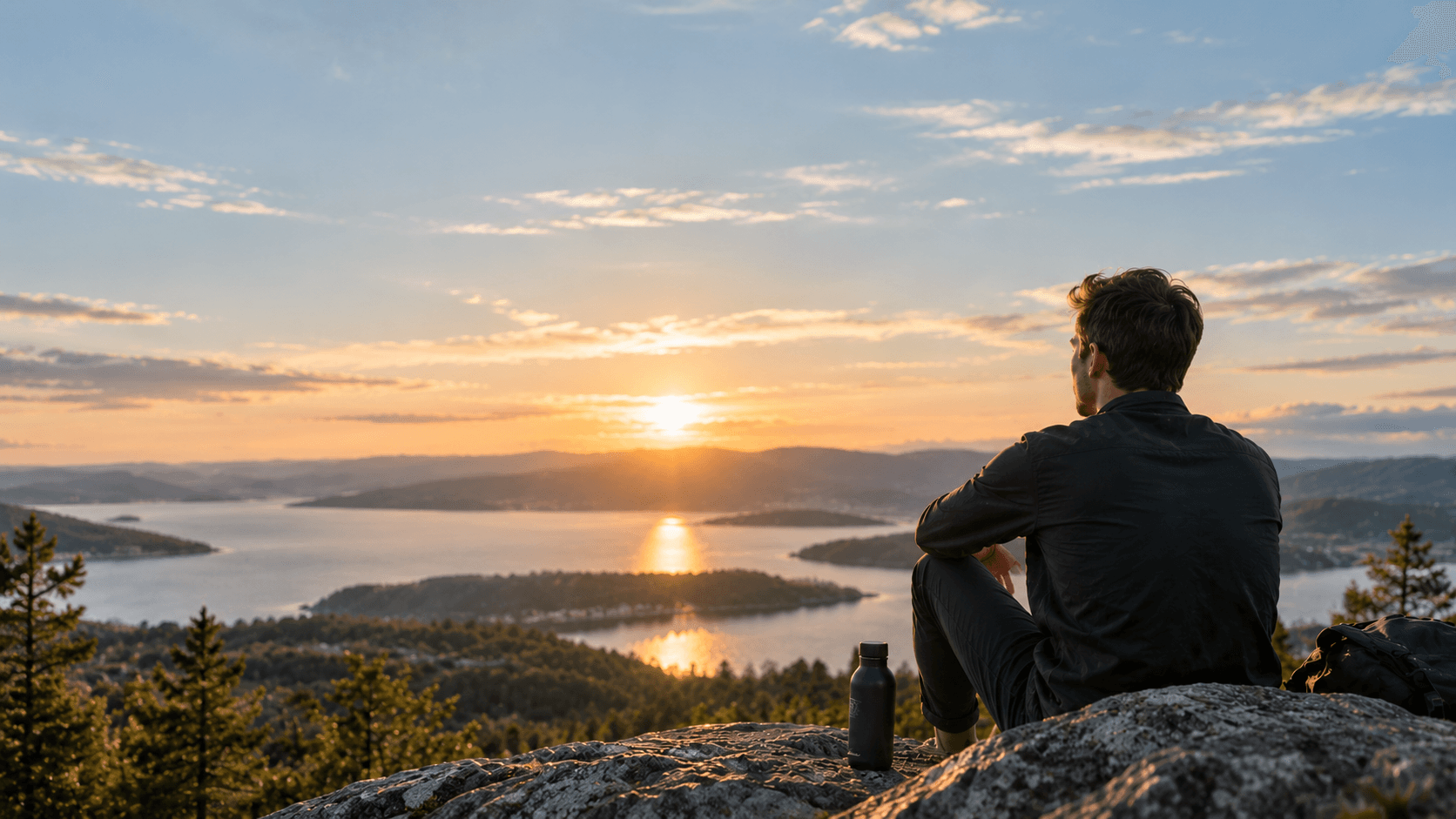 En man sitter på en klippa och ser ut över vatten och skog i solnedgången.
